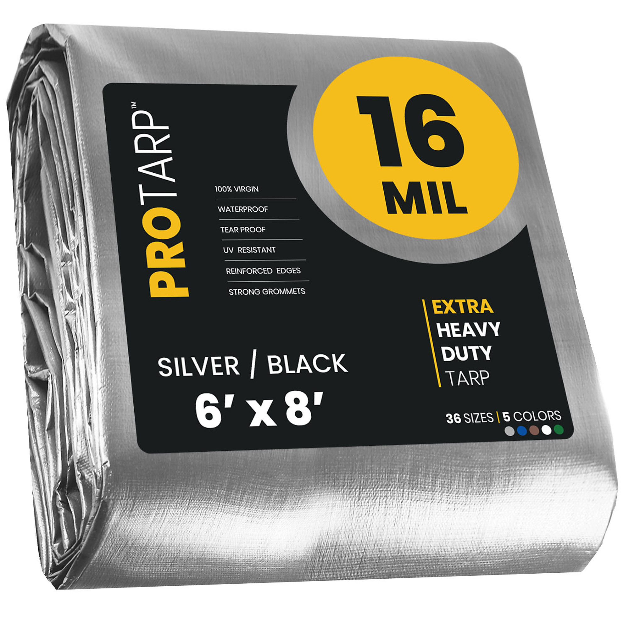 Protarp Extra Heavy Duty Tarp Cover — 6ft. x 8ft., 16 Mil, Waterproof, UV Resistant, Reinforced Edges, Silver/Black, Model# PT-101-6X8